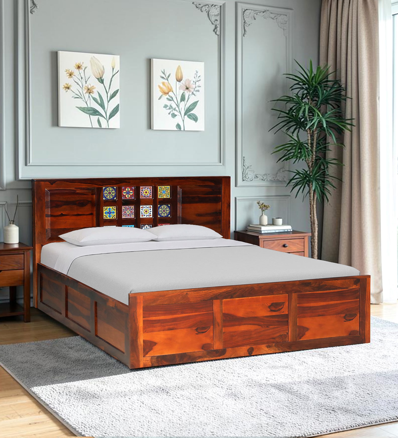 Siramika Sheesham Wood King Size Bed In Honey Oak Finish With Hydraulic Storage Siramika Sheesham Wood King Size Bed In Honey Oak Finish With Hydraulic Storage