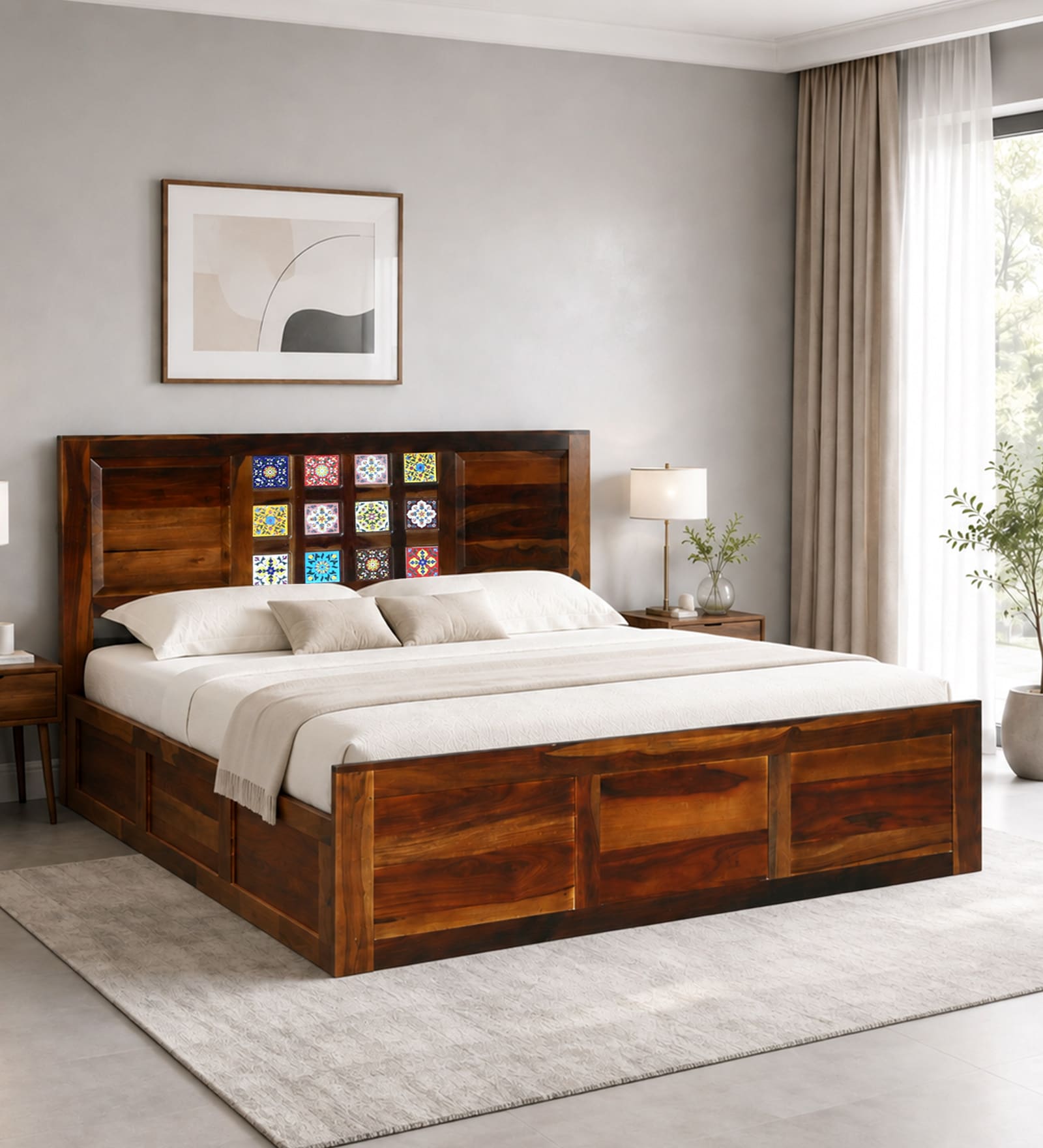 Siramika Sheesham Wood King Size Bed In Provincial Teak Finish  With Hydraulic  Storage