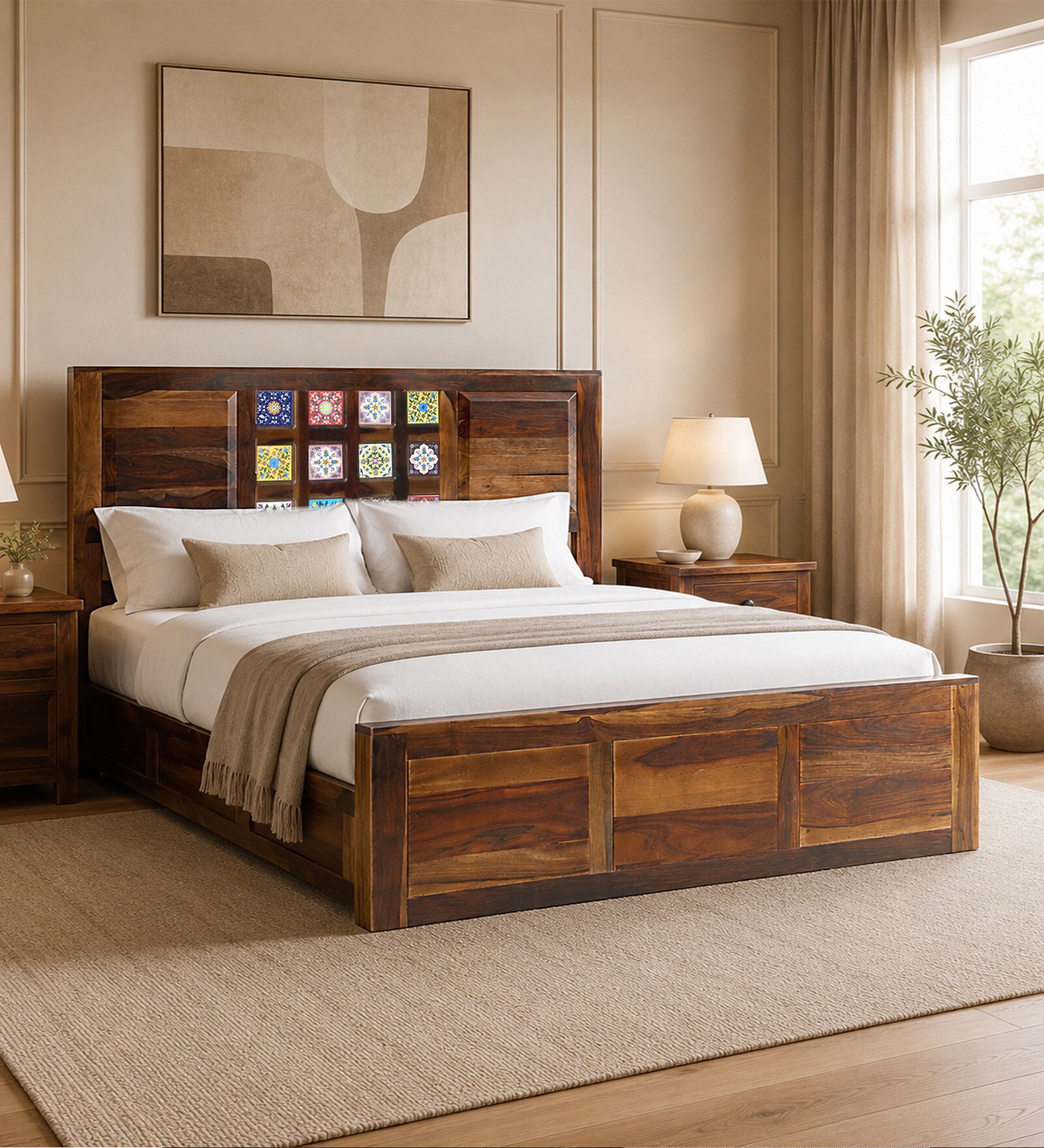 Siramika Sheesham Wood King Size Bed In Provincial Teak Finish With Hydraulic Storage Siramika Sheesham Wood King Size Bed In Provincial Teak Finish With Hydraulic Storage