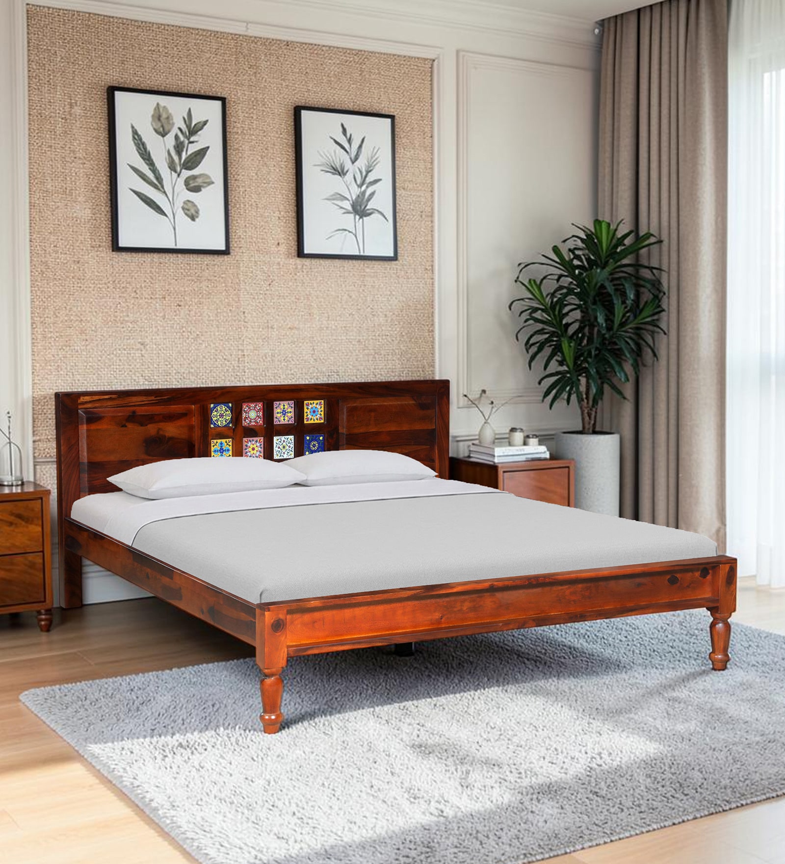 Siramika Sheesham Wood Queen Size Bed In Honey Oak Finish