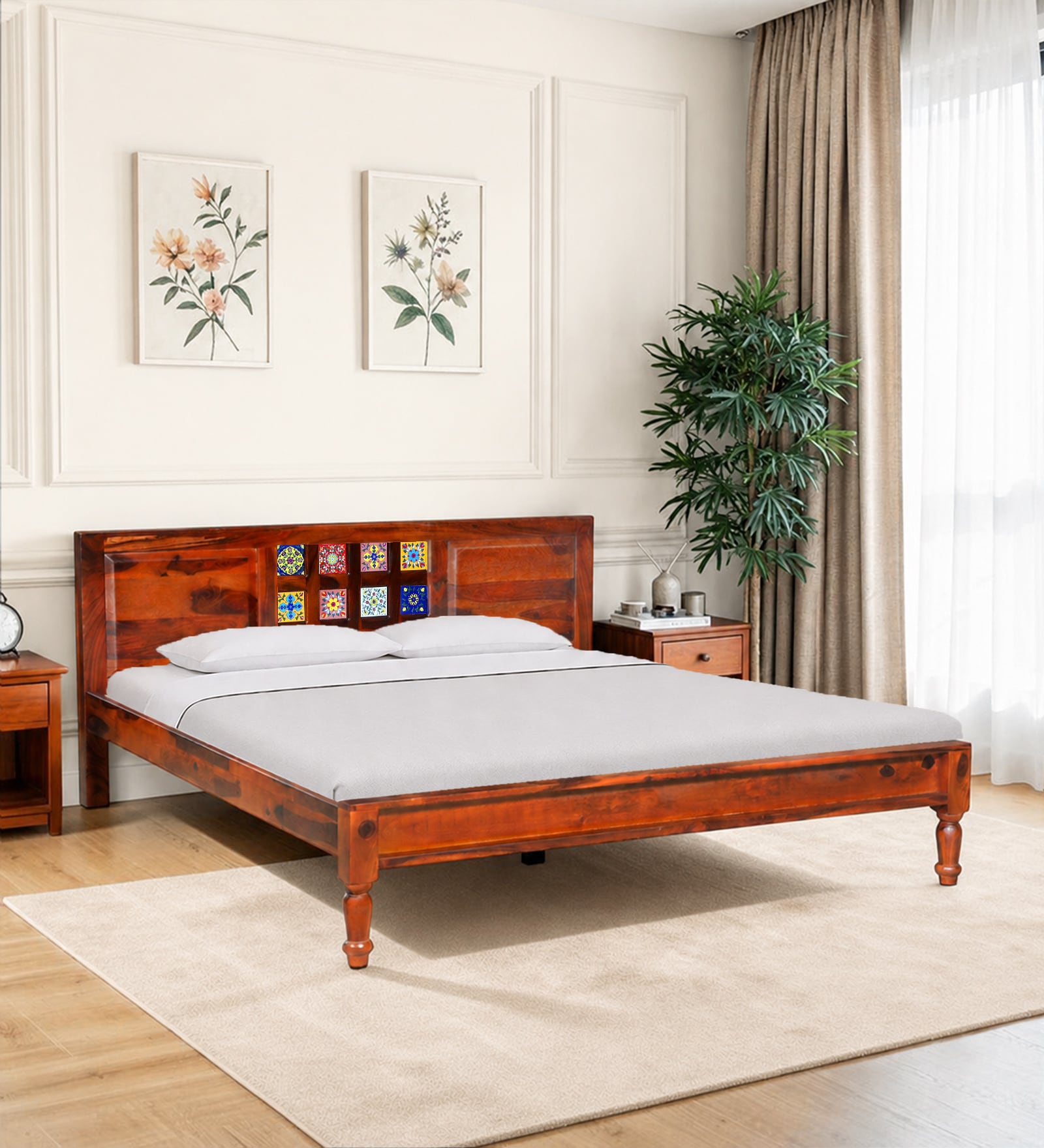 Siramika Sheesham Wood Queen Size Bed In Honey Oak Finish