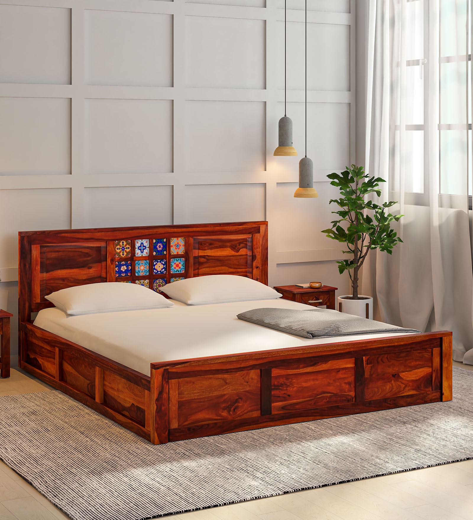 Siramika Sheesham Wood Queen Size Bed In Honey Oak Finish With Box Storage