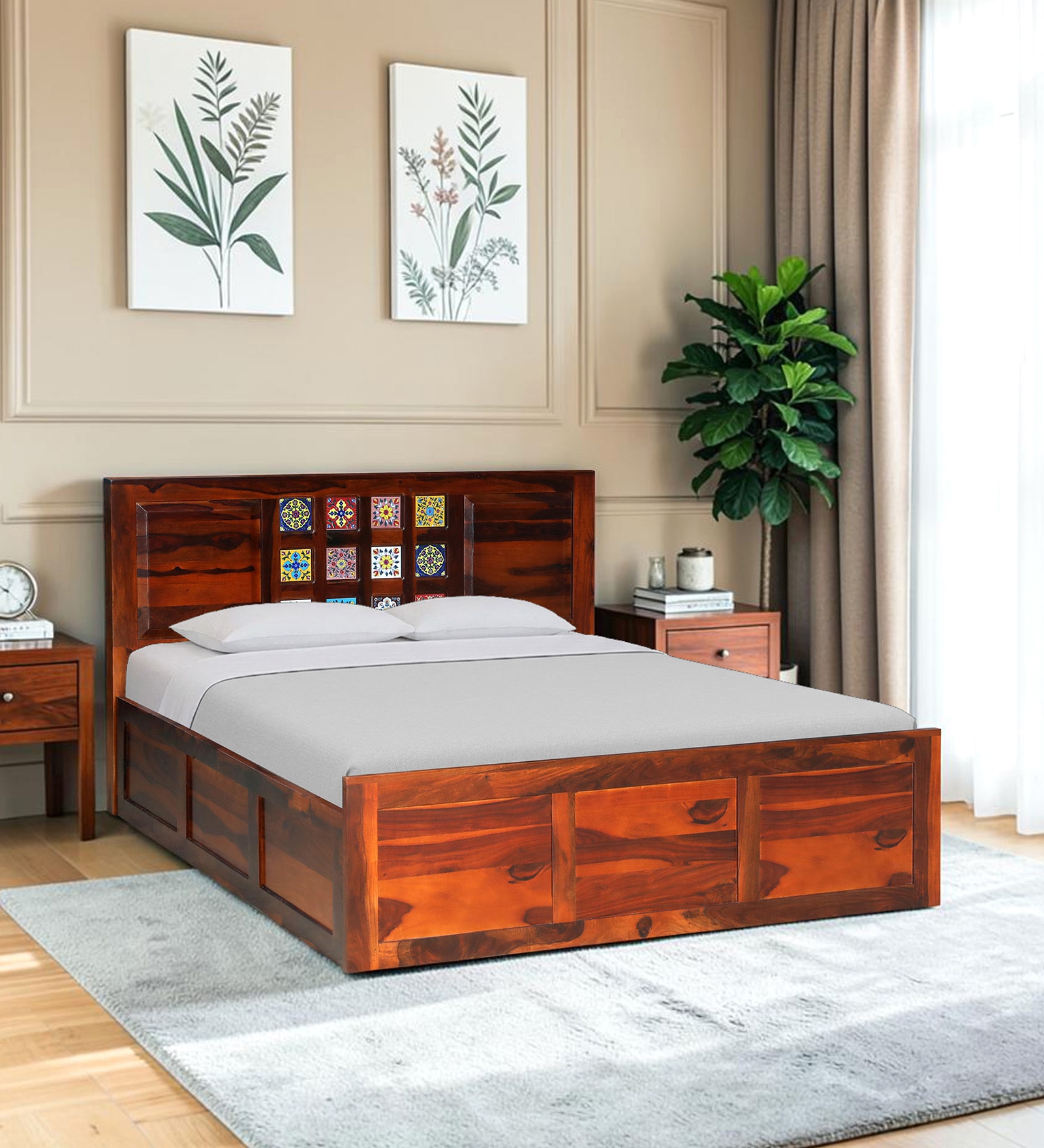 Siramika Sheesham Wood Queen Size Bed In Honey Oak Finish With Hydraulic Storage Siramika Sheesham Wood Queen Size Bed In Honey Oak Finish With Hydraulic Storage