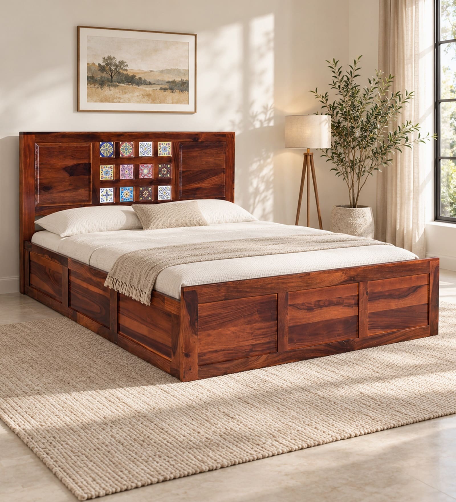 Siramika Sheesham Wood Queen Size Bed In Honey Oak Finish With Hydraulic Storage Siramika Sheesham Wood Queen Size Bed In Honey Oak Finish With Hydraulic Storage