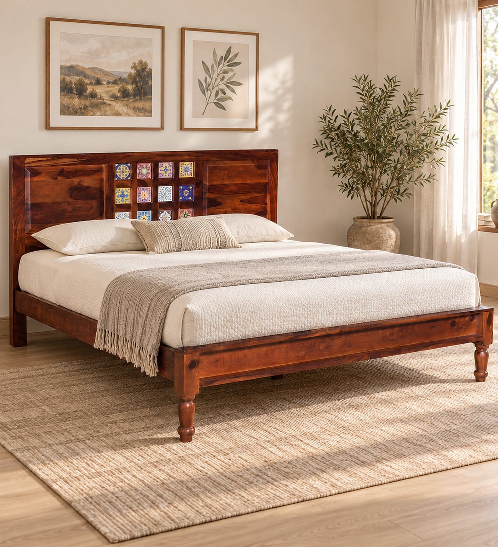 Siramika Sheesham Wood Queen Size Bed In Provincial Teak Finish