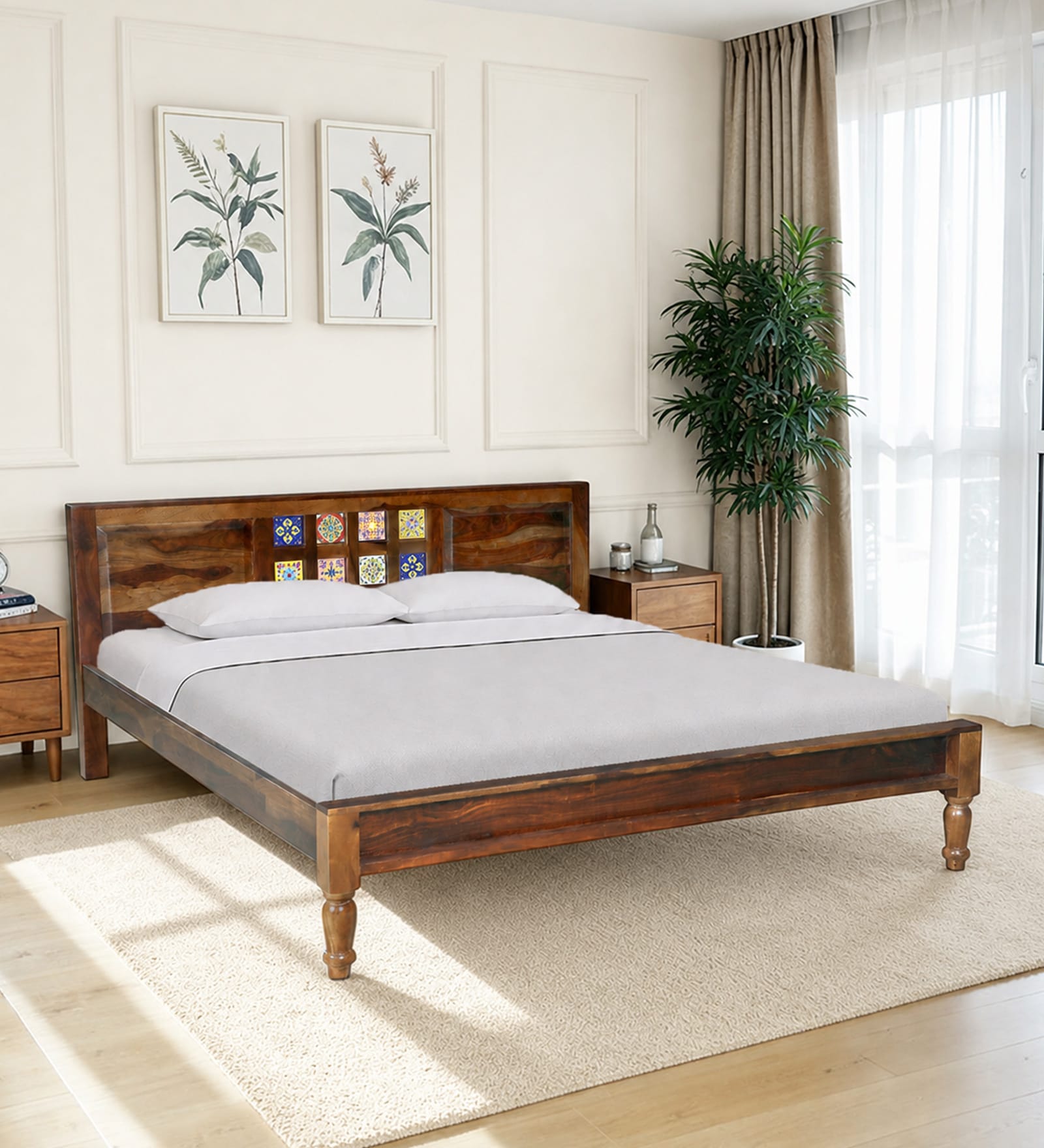 Siramika Sheesham Wood Queen Size Bed In Provincial Teak Finish