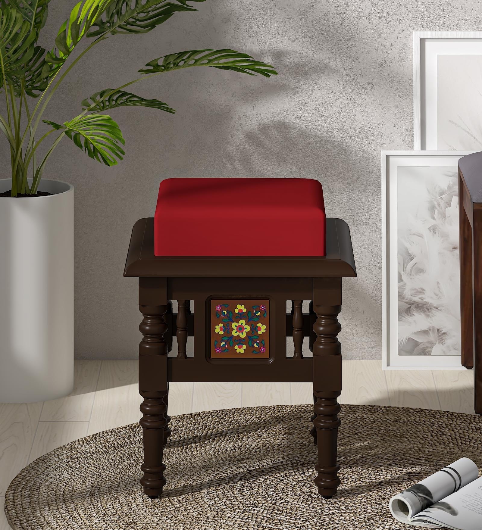 Siramika Sheesham Wood Seating Stool In Walnut Finish