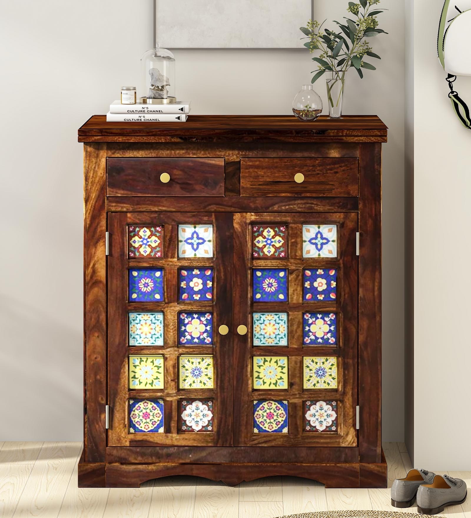 Siramika Sheesham Wood Shoe Cabinet In Provincial Teak Finish