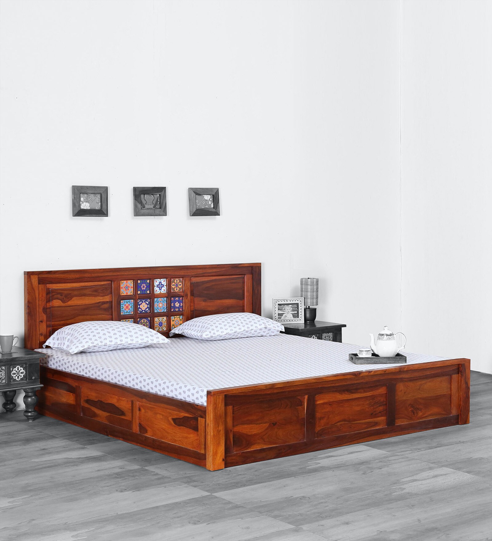 Buy Siramika Solid Wood King Size Bed with Storage in Honey Oak Finish
