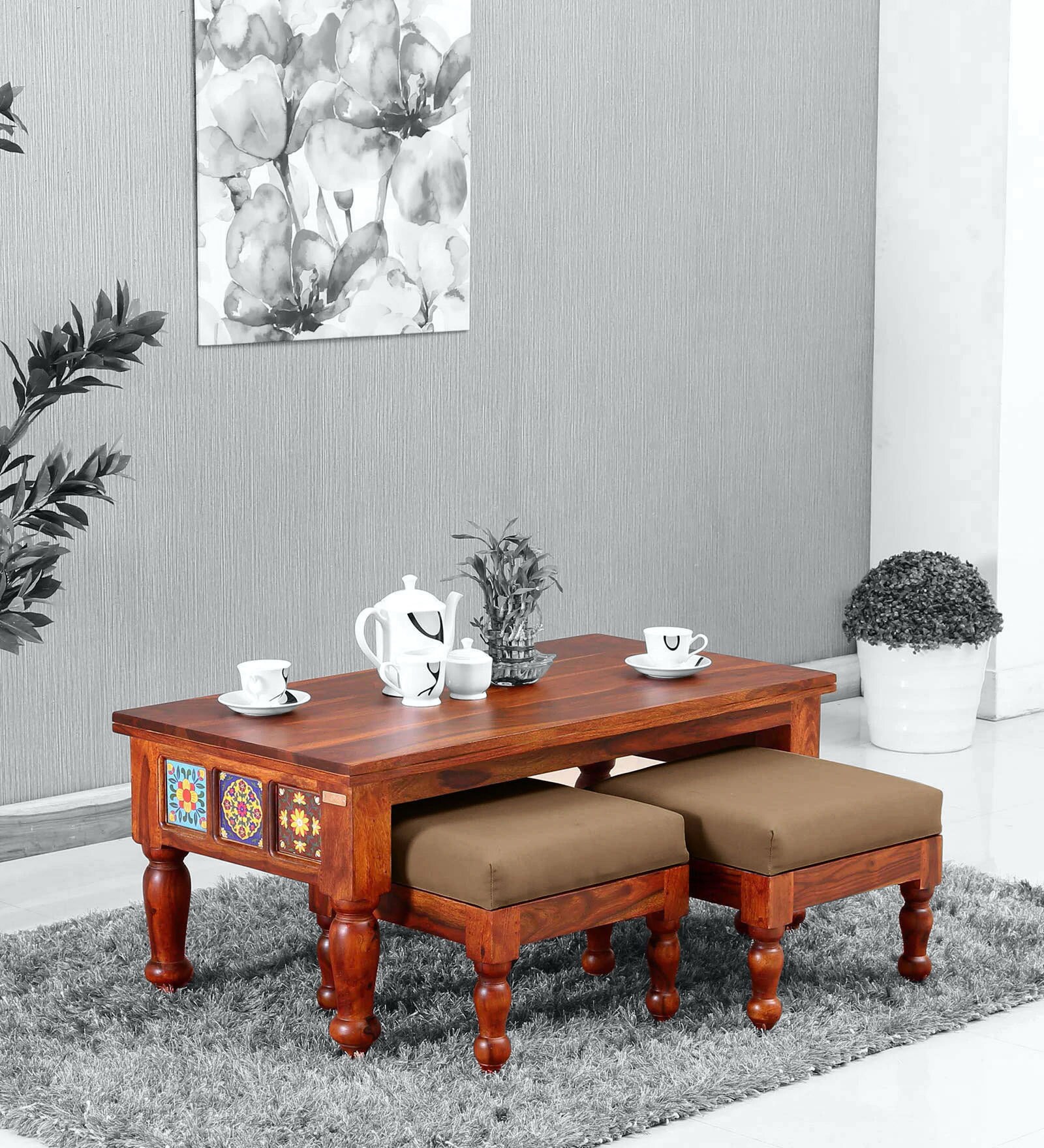 Buy Siramika Solid Wood Nesting Coffee Table Set in Honey Oak Finish
