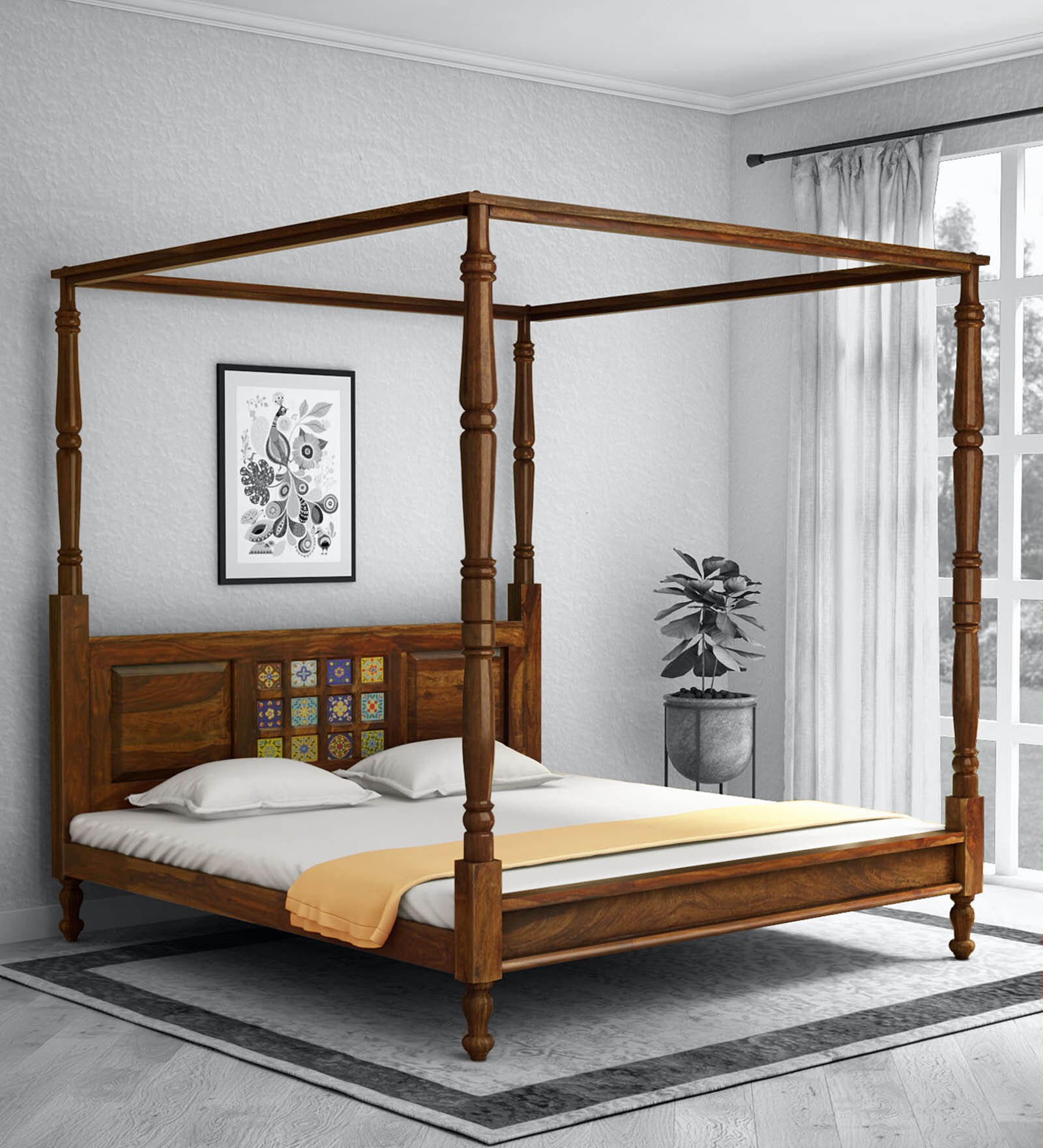 Siramika Sheesham Wood King Size Poster Bed in Provincial Teak Finish