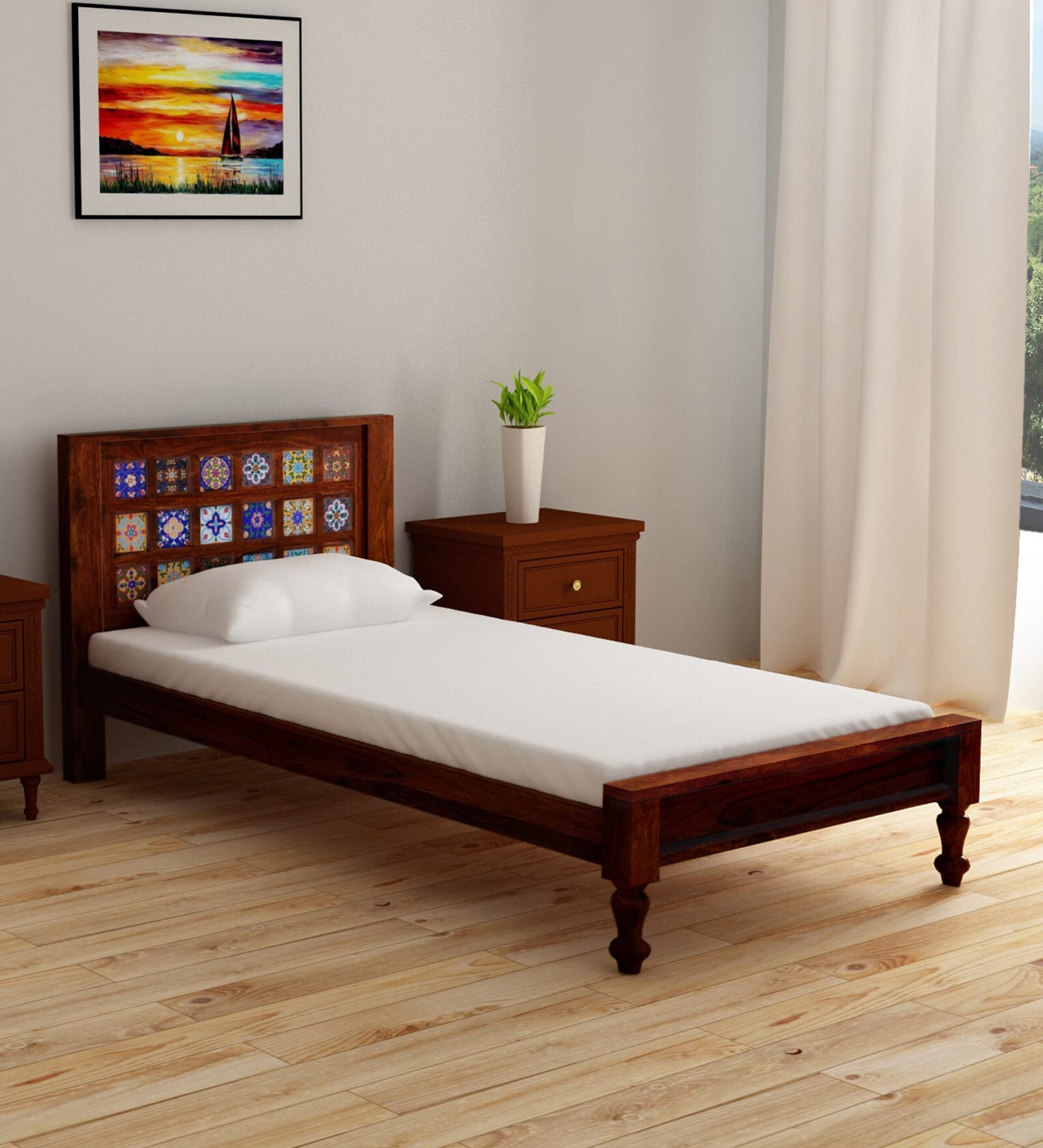 Siramika Solid Wood Single Bed In Honey Oak Finish