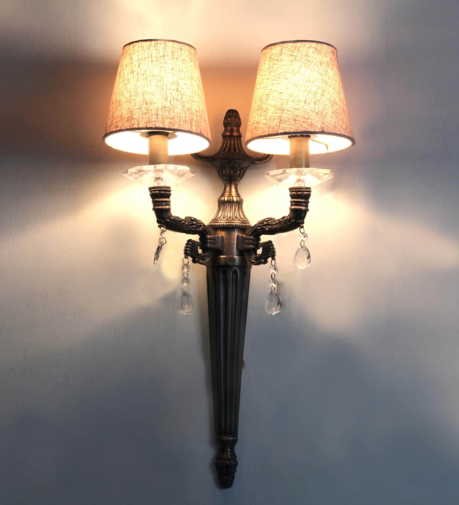 Siri Brass Uplight Wall Sconce (Antique Brass) with Beige Linen Shade Siri Brass Uplight Wall Sconce (Antique Brass) with Beige Linen Shade