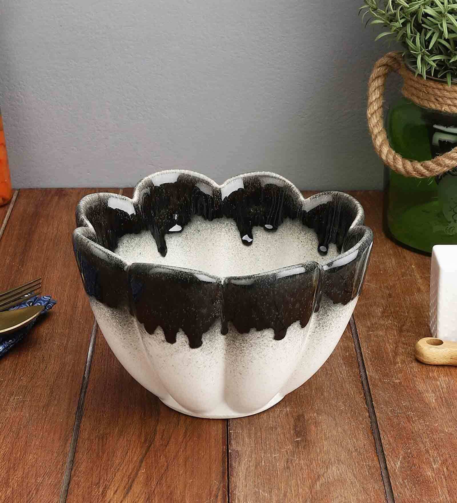 Sirisha Studio 900ml Pottery Flower White & Black Ceramic  Serving Bowl