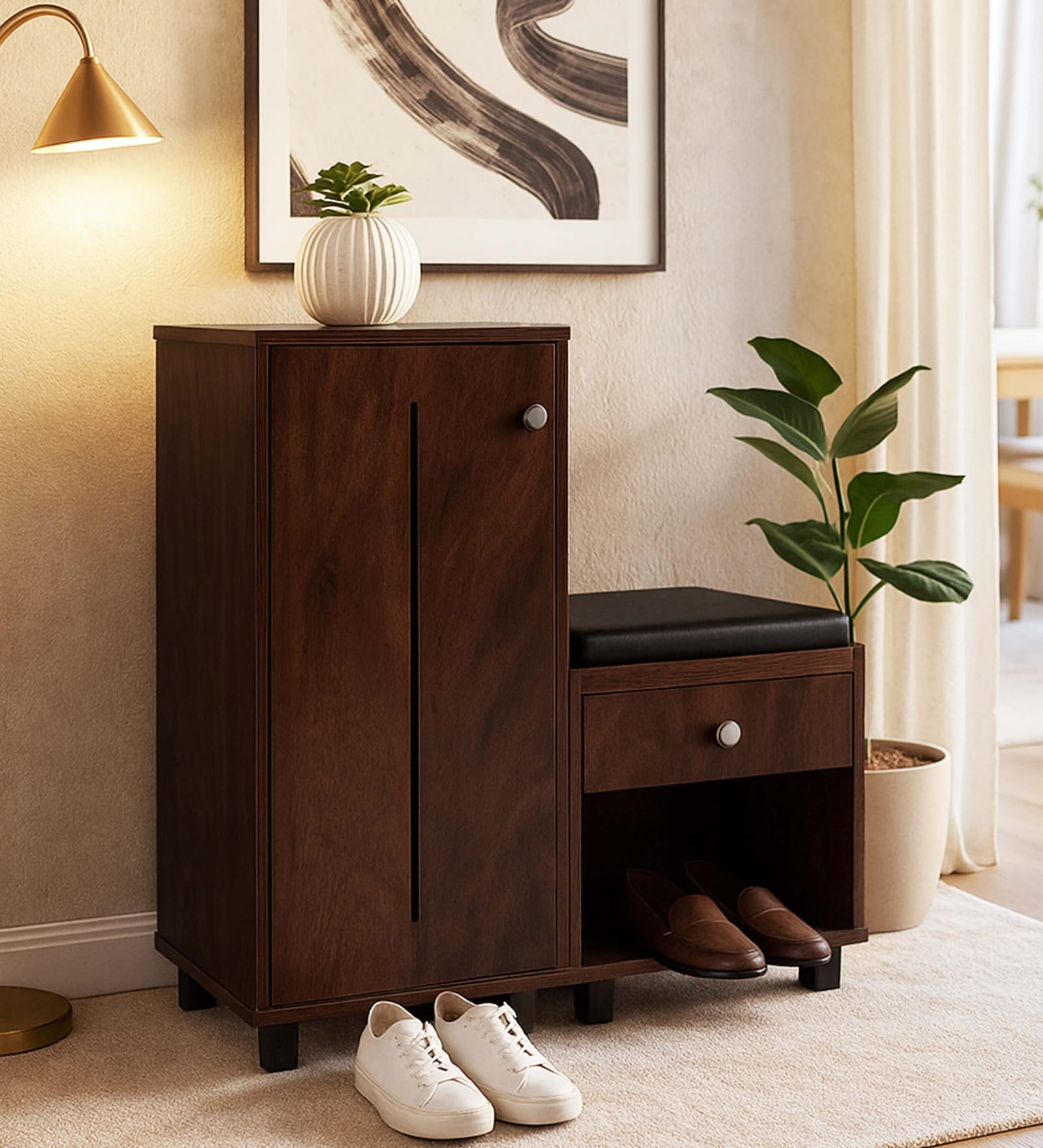 Sit & Stow 12-Pairs Shoe Cabinet In Classic Walnut Finish With Seating