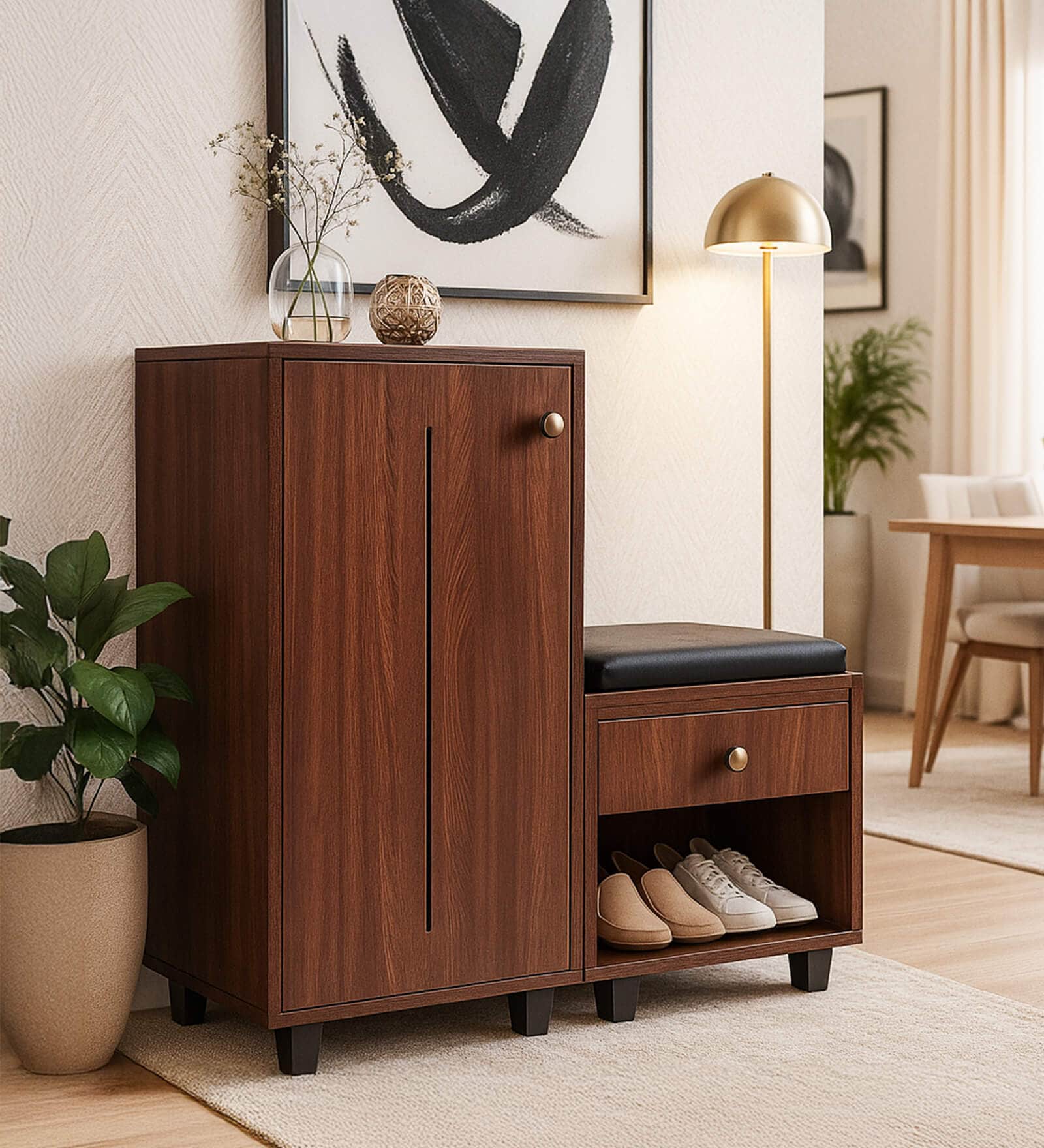 Sit & Stow 12-Pairs Shoe Cabinet In Walnut Finish With Seating