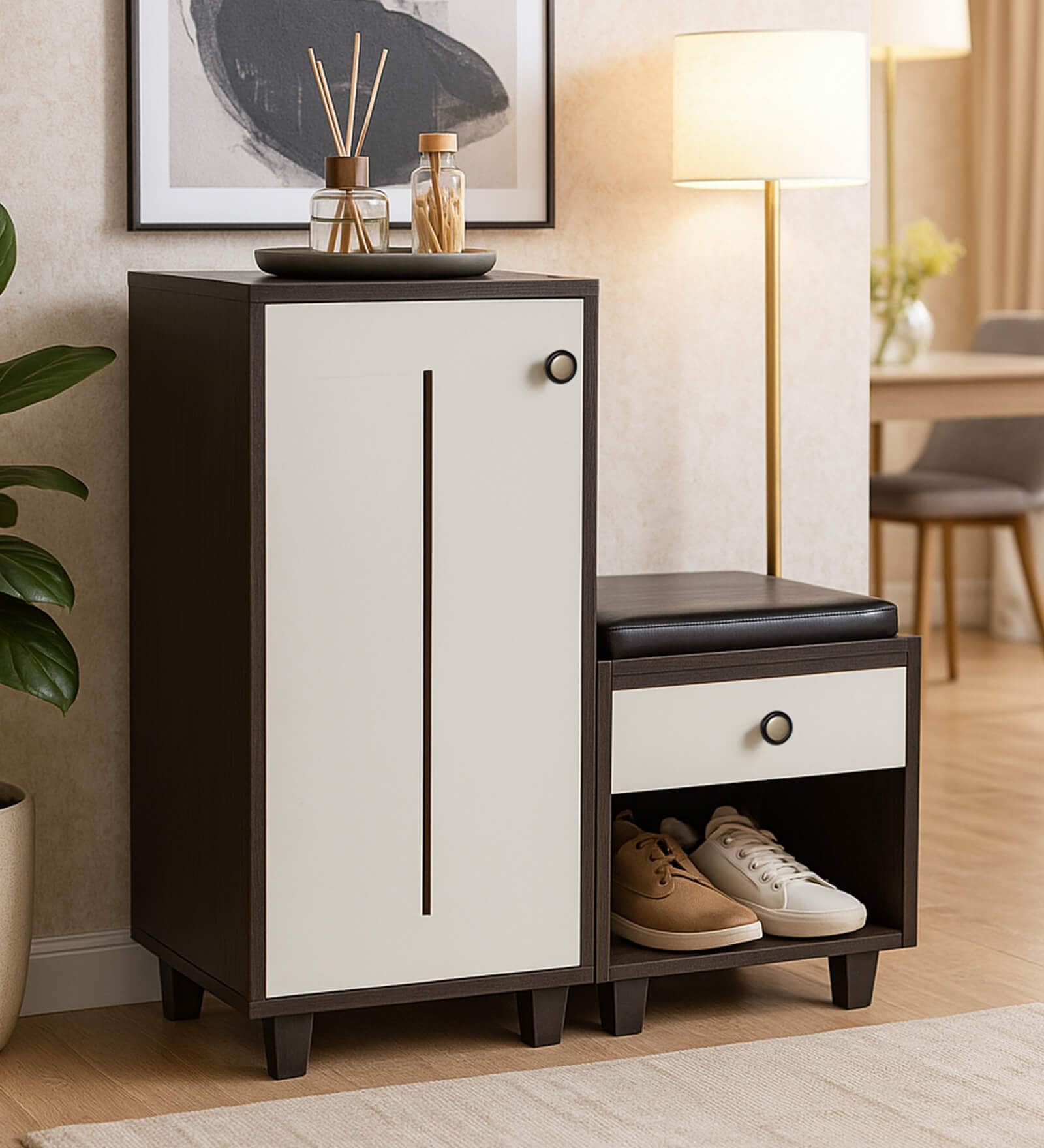 Sit & Stow 12-Pairs Shoe Cabinet In Wenge and White Finish With Seating