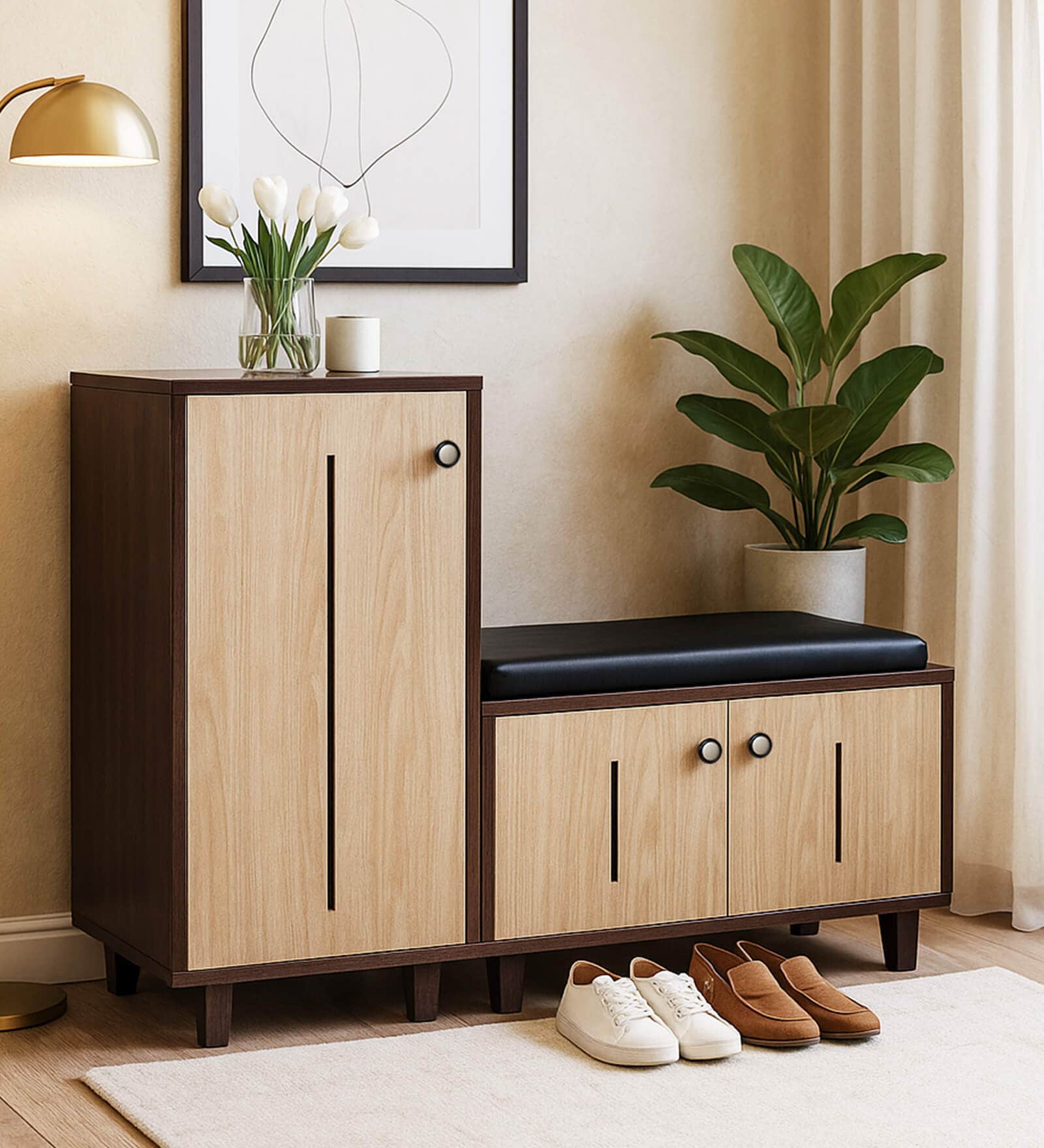 Sit & Stow 16-Pairs Shoe Cabinet In Brown teak And Oak Finish With Seating