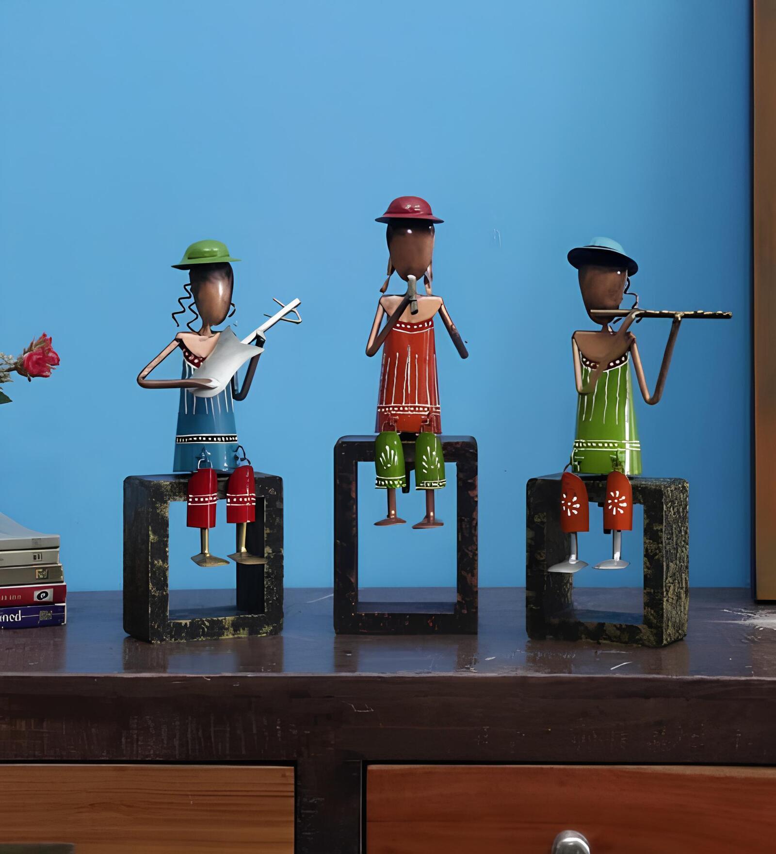 Sitting Musician Multicolour Metal (Set of 3) Figurine