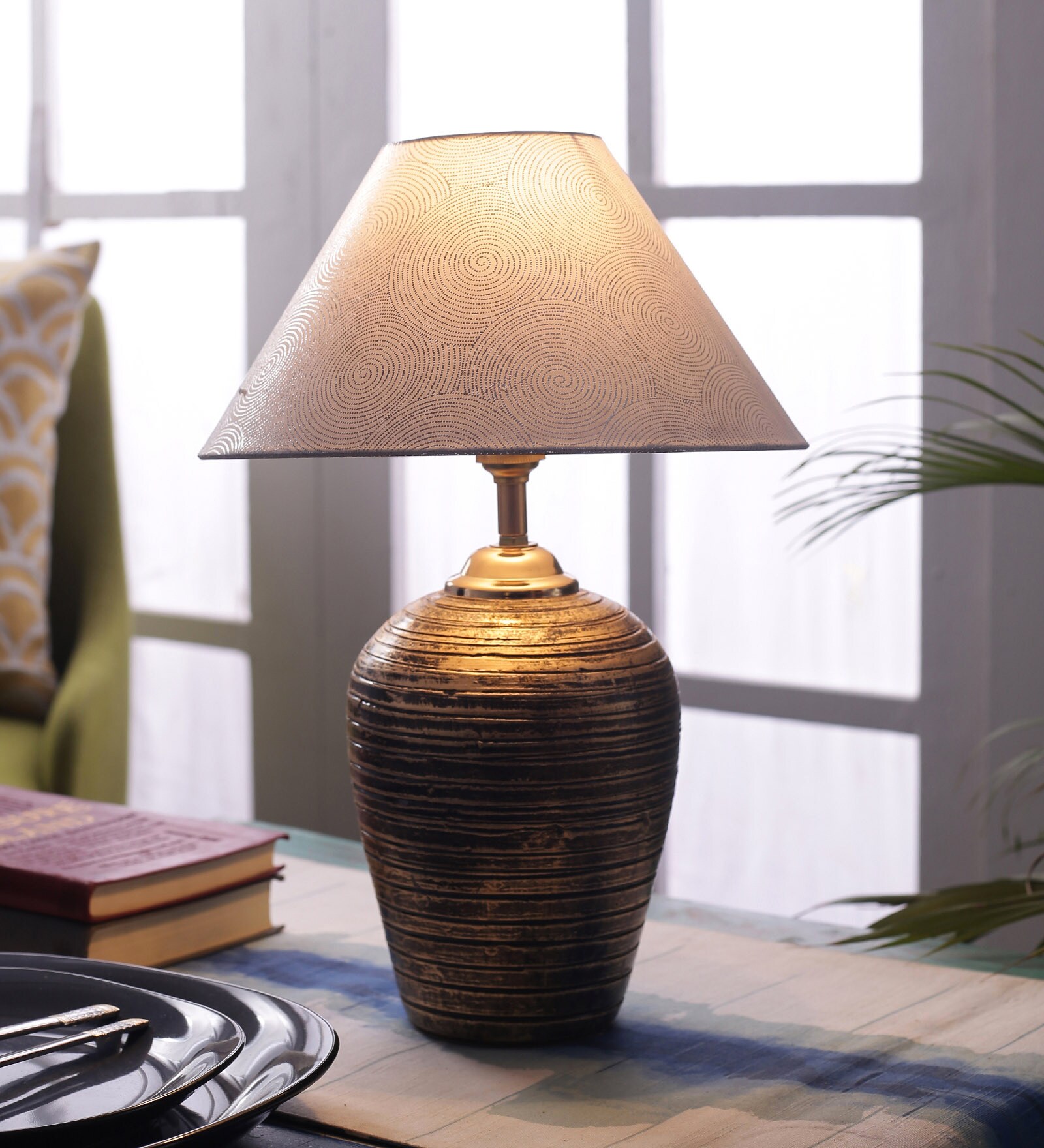 Silver Fabric Shade Table Lamp with Gold Base