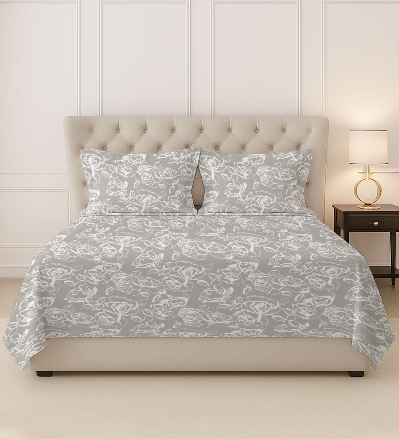 Siver Simply Florl Printed 400 TC Cotton Super King Sized Bedsheet with 2 Pillow Covers