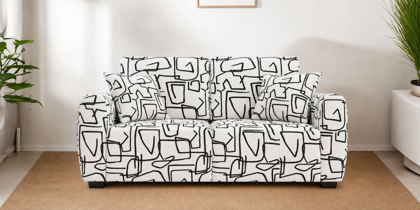  Orion Abstract Linear 2 Seater Upholstered Sofa In White And Black Colour