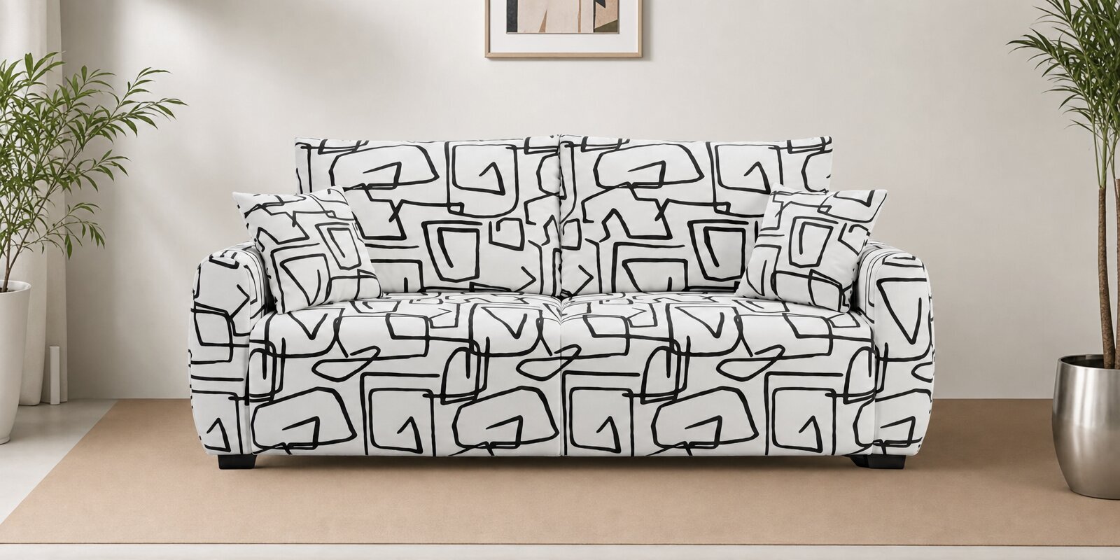  Orion Abstract Linear 3 Seater Upholstered Sofa In White And  Black Colour