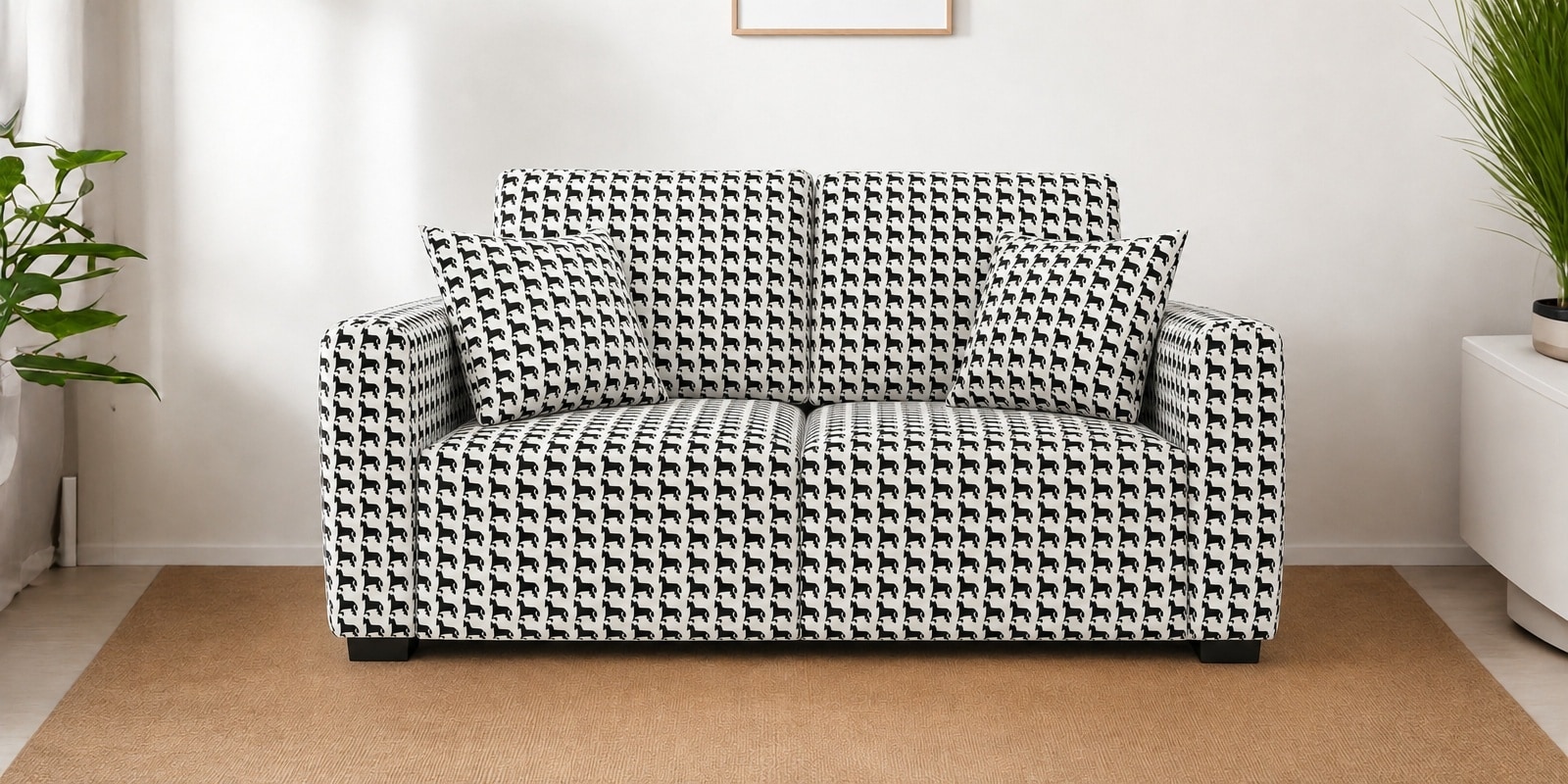 Orion Classic Houndstooth 2 Seater Upholstered Sofa In White And Black Colour