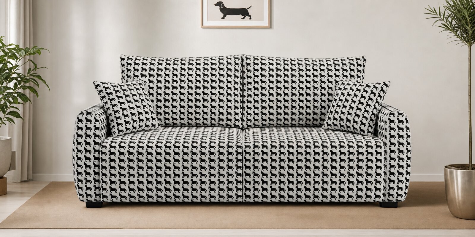  Orion Classic Houndstooth 3 Seater Upholstered Sofa In White And Black Colour
