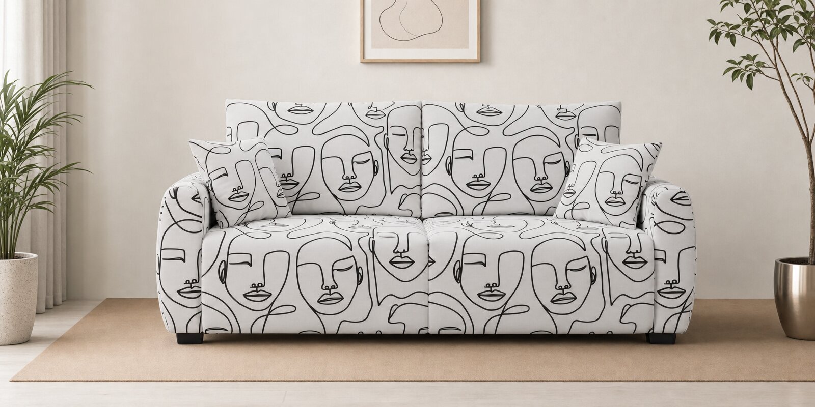  Orion Modern Muse 3 Seater Premium Polyester Upholstered Sofa In White And Black Colour