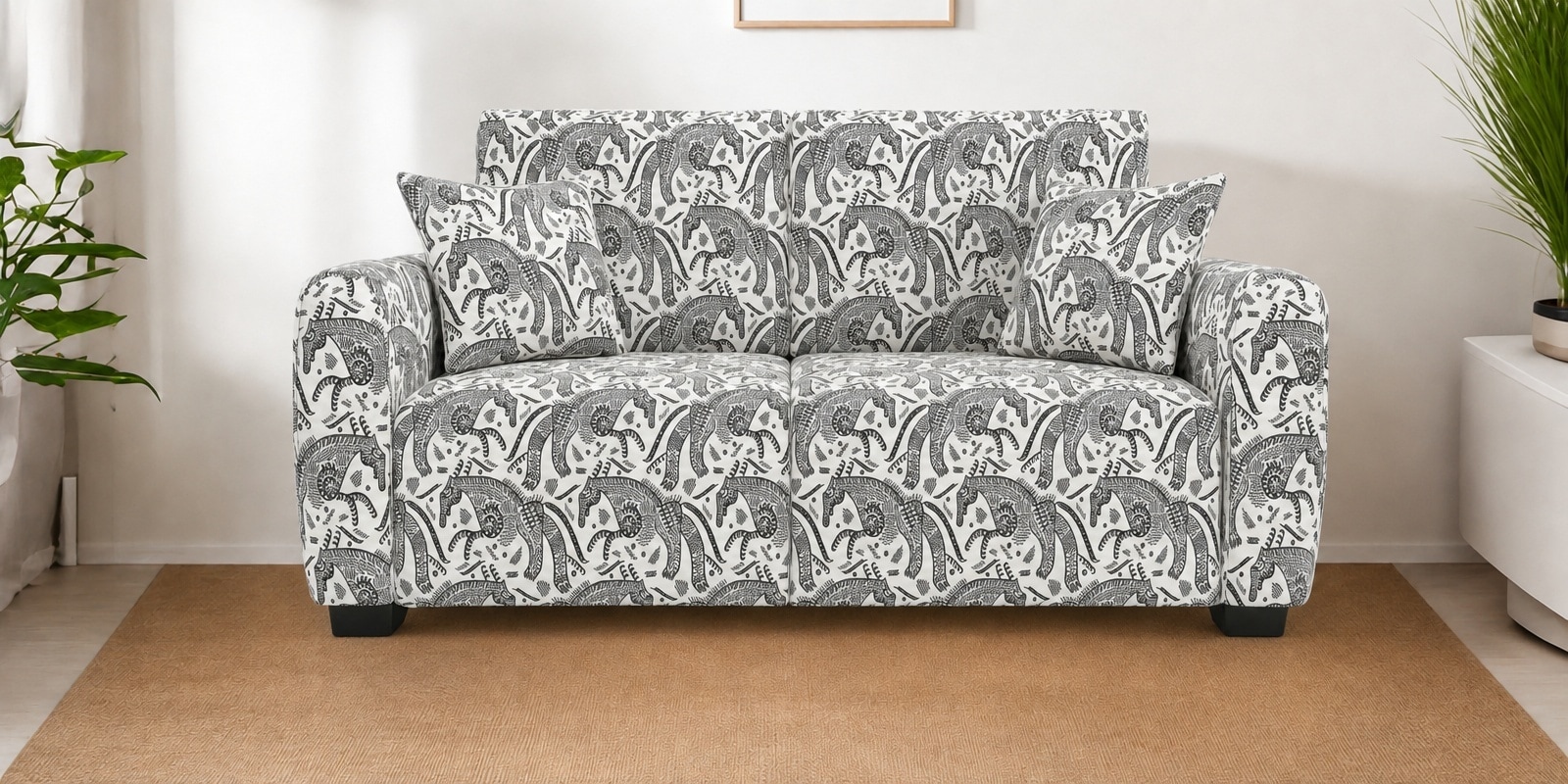  Orion Safari Sketch 2 Seater  Upholstered Sofa In White And Black Colour
