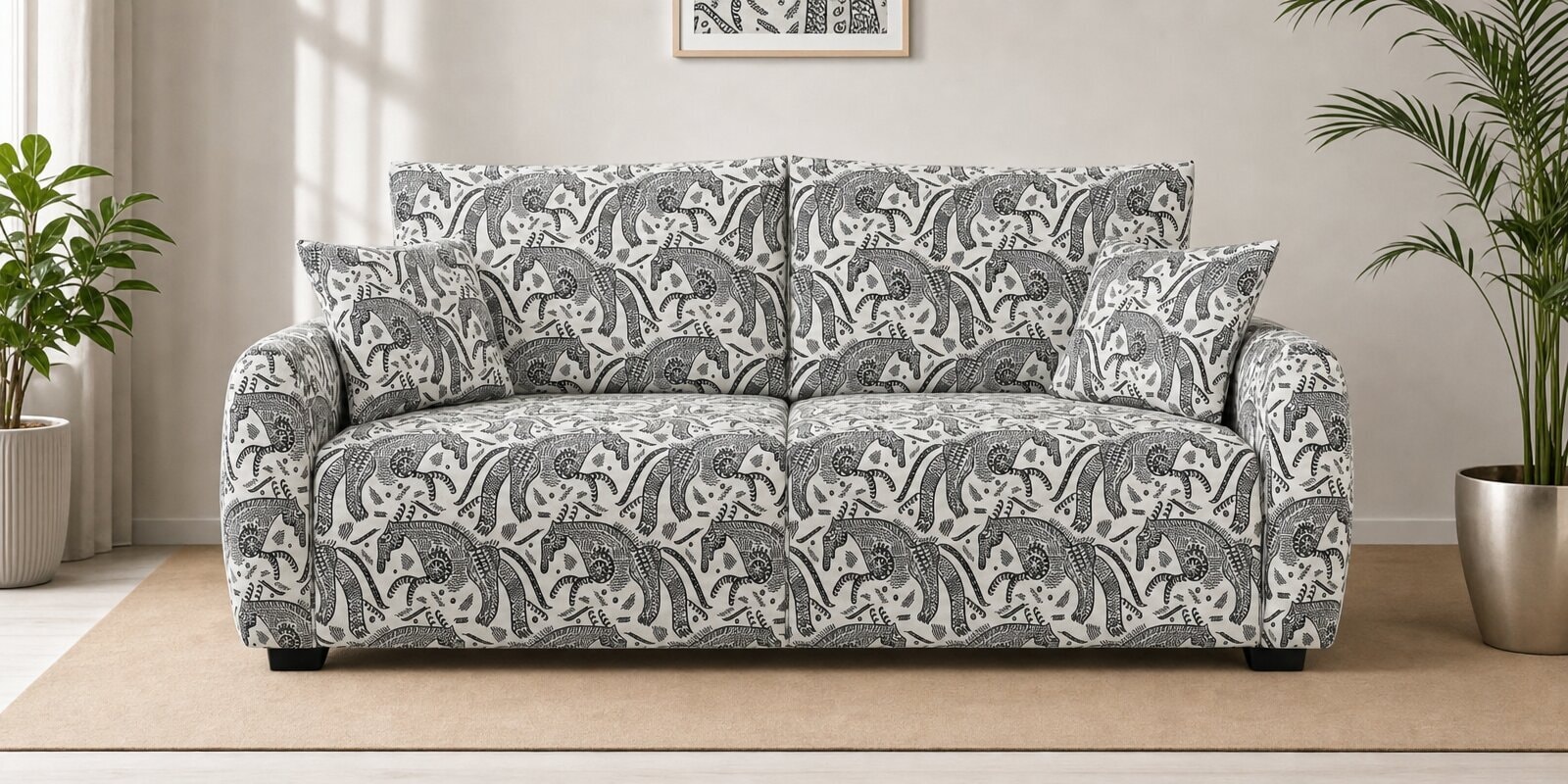  Orion Safari Sketch 3 Seater  Upholstered Sofa In White And Black Colour