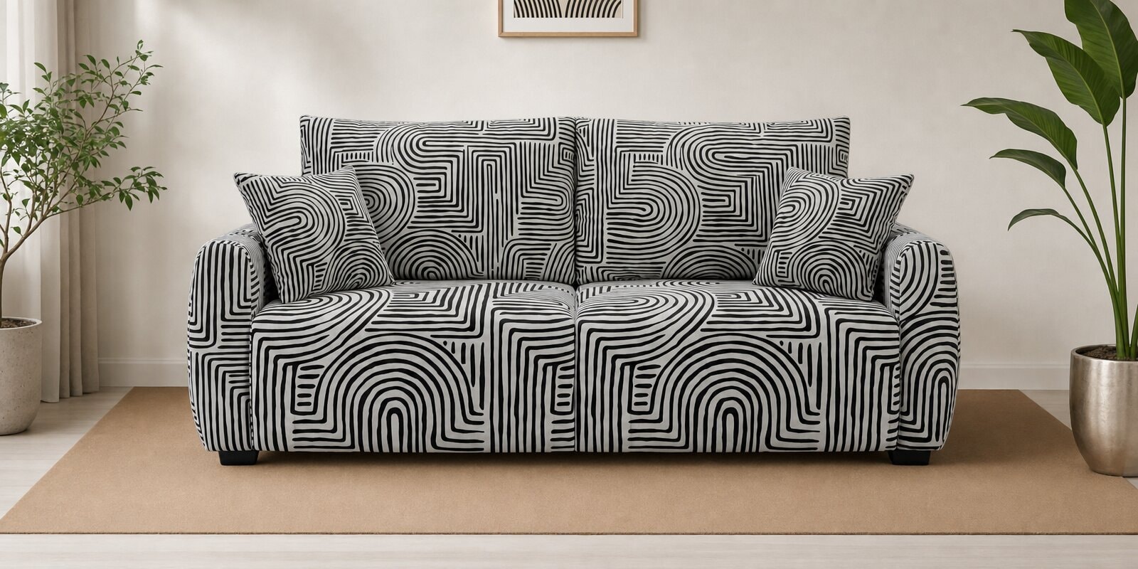  Orion Urban Maze 3 Seater  Upholstered Sofa In White And Black Colour