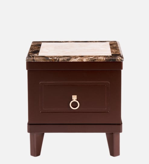 Siberian Marble Top Bedside Table In Brown Finish