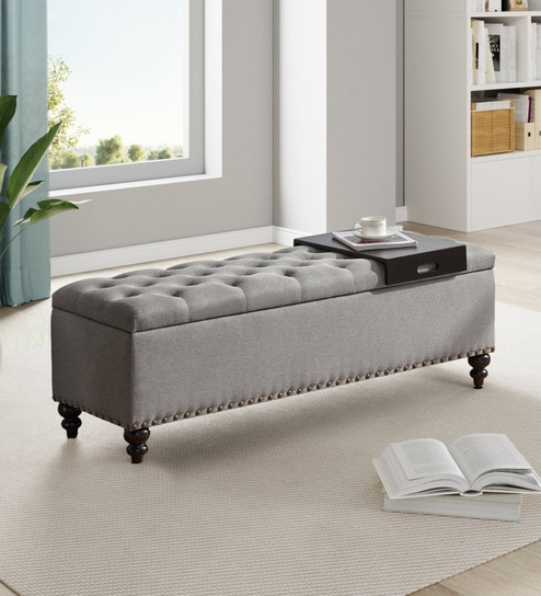 Siena Fabric Tufted Storage Ottoman Ottoman in Light Grey Colour