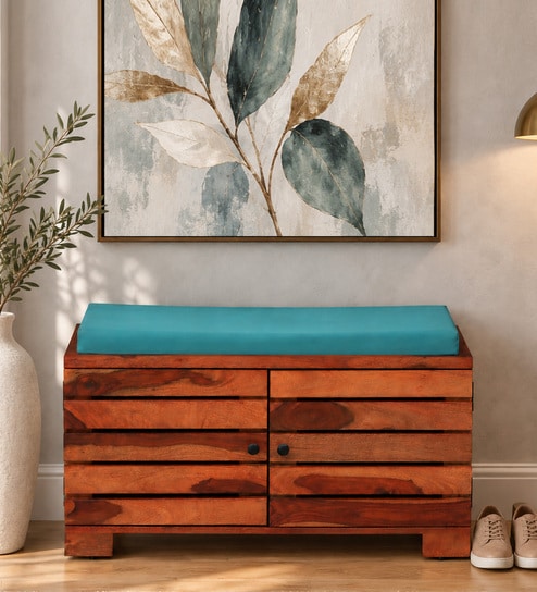 Siena Sheesham Wood Shoe Rack In Scratch Resistant Honey Oak Finish With Sky Blue Cushion