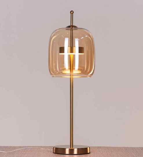Sienna Amber Glass Table Lamp Gold Metal Body Tri-Color LED Modern Decorative Bedside Lamp