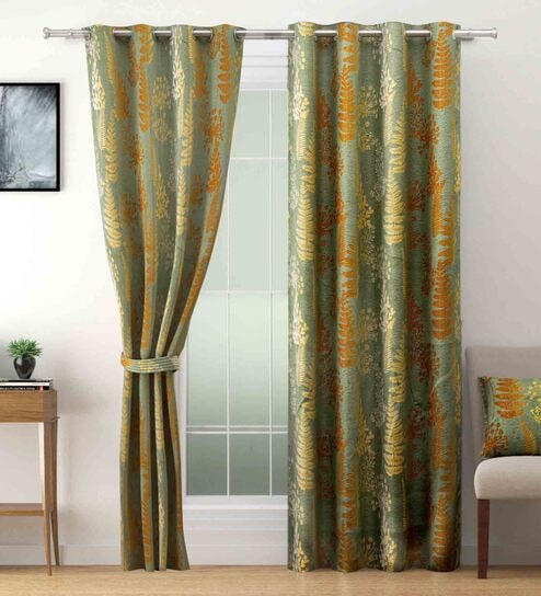Multicolor Polyester Floral 9ft Blackout Eyelet 2 Pcs Door Curtains