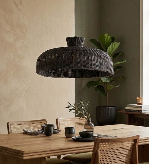 Sihadi Handcrafted Rattan/Wicker Pendant Lamp Hanging Light for Living Room Dining Room Black