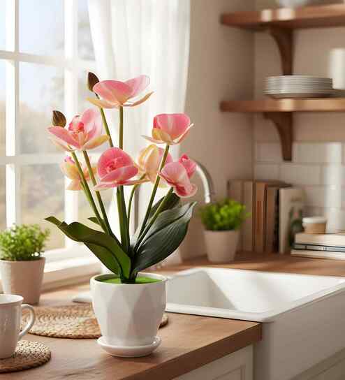 Silk Fabric Orchid Radiance Arrangement Pot With Flower