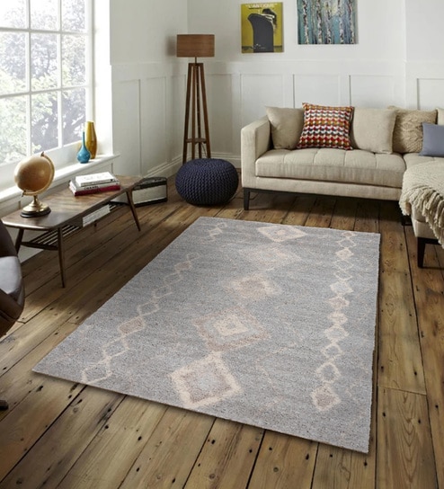 Silver & Cream Abstract Polyester 3 x 5 Feet Machine Made Carpet