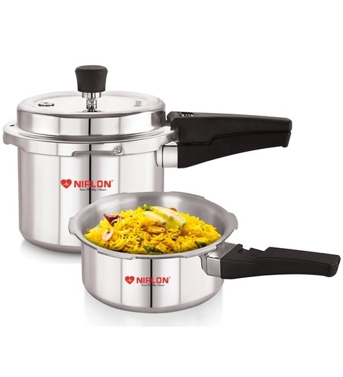 Silver 2 & 3 Ltrs with Common Lid  (Pack of 2) Combo Induction Base Outer Lid Aluminium Pressure Cooker