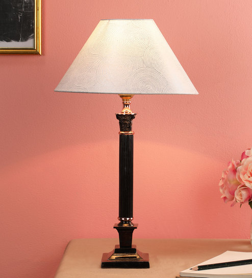 Silver Fabric Shade Table Lamp with Brown Base