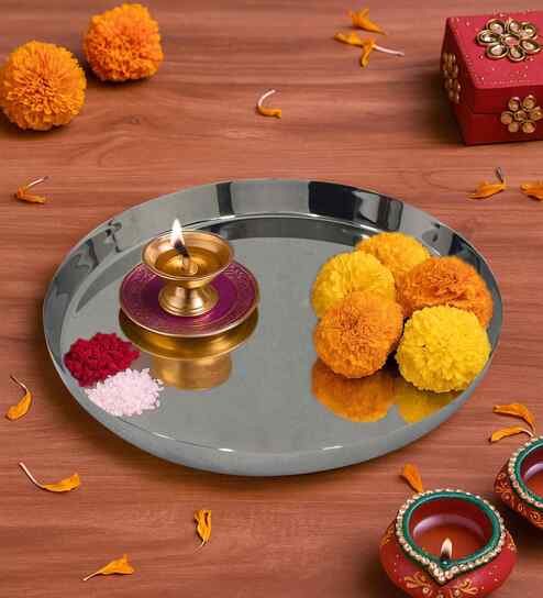 Silver Finish Modern Steel Pooja Thali