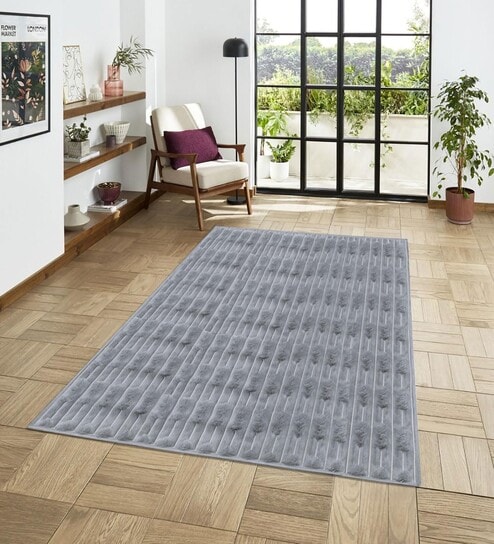 Silver Geometric Polyester Blend 4 X 6 Feet Machine Made Carpet