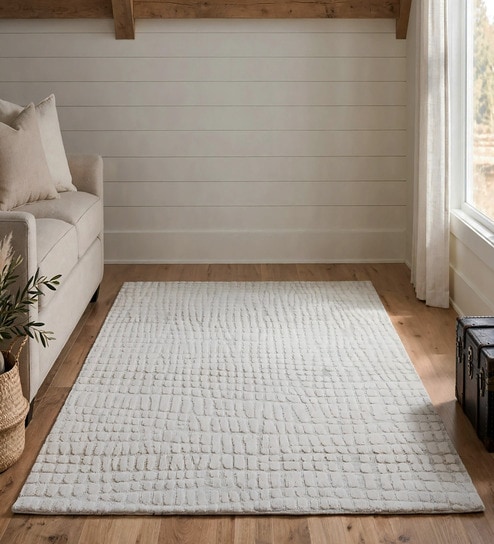 Silver Geometric Wool And Cotton 7 X 5 Feet Hand Tufted Carpet