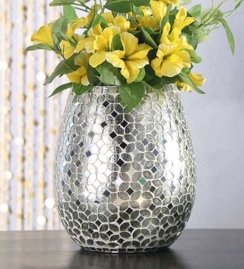 Buy Silver Mosaic Floral Broad Bowl Glass Vase By Home Online