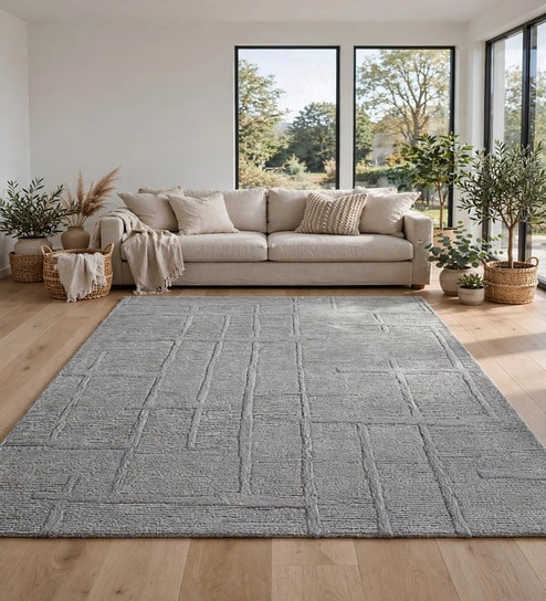 Silver Grey Geometric Wool And Cotton 8 X 5 Feet Hand Tufted Carpet