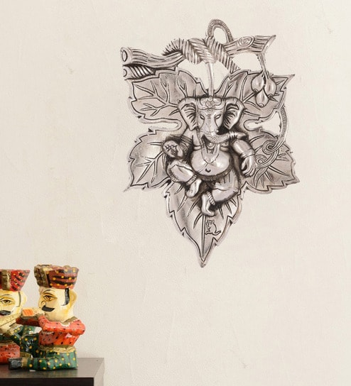 Silver Metal Handcrafted Wall Hanging Of Lord Ganesha On Creative Leaf by Ecraftindia