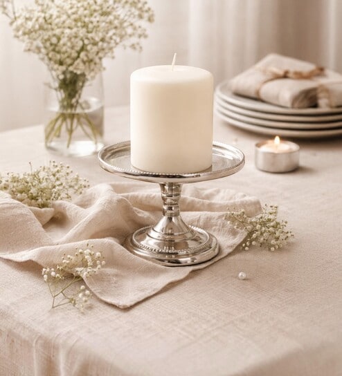 Silver Metal Pillar Candle Holders Set Of 2